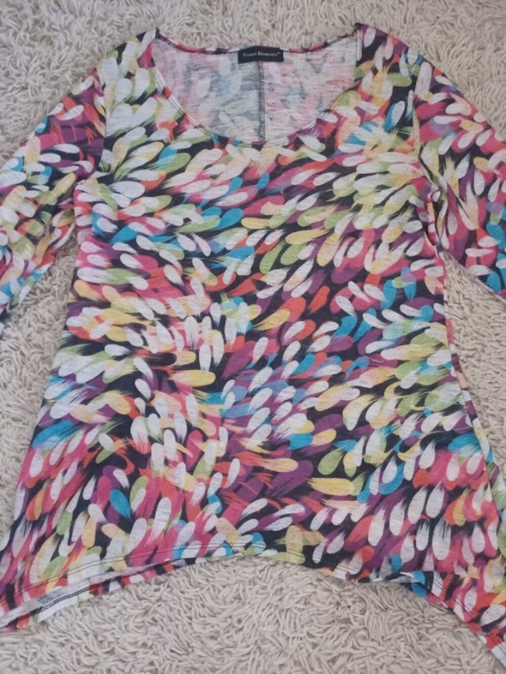 Travel Elements Tunic Top Women’s M Colorful Abstract Asymmetrical Hem 3/4 Sleev